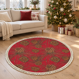 Red Pine Cone Round Christmas Rug with Tassels – Vintage Style Retro