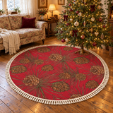 Red Pine Cone Round Christmas Rug with Tassels – Vintage Style Retro