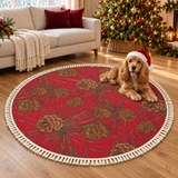 Red Pine Cone Round Christmas Rug with Tassels – Vintage Style Retro