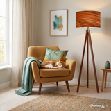 Retro LED Tripod Floor Lamp – Wooden Legs, Faux-Wood Print Shade