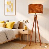 Retro LED Tripod Floor Lamp – Wooden Legs, Faux-Wood Print Shade
