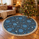Navy Blue Woodland Animals Round Winter Rug with Tassels – Folk Retro