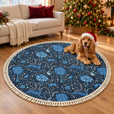 Navy Blue Woodland Animals Round Winter Rug with Tassels – Folk Retro