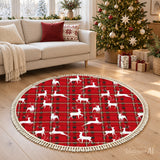 Red Plaid Reindeer Round Christmas Rug with Tassels – Retro