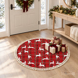 Red Plaid Reindeer Round Christmas Rug with Tassels – Retro