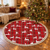 Red Plaid Reindeer Round Christmas Rug with Tassels – Retro
