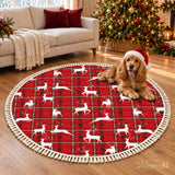 Red Plaid Reindeer Round Christmas Rug with Tassels – Retro