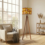 Retro 70s Midcentury Style Tripod Floor Lamp: Orange Brown Linen Shade, Remote