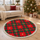 Round Retro Christmas Rug with Tassels – 4 Sizes Poinsettia Tartan