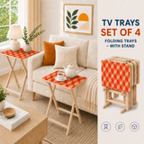 Retro 60s Folding Tray Tables with Stand – Wooden TV Dinner Tray Set of 4