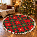 Round Retro Christmas Rug with Tassels – 4 Sizes Poinsettia Tartan