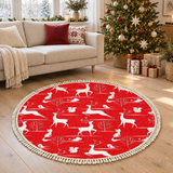 Red White Deer Fox Bunny Round Christmas Retro Rug with Tassels