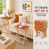 Midcentury TV Tray 4 Tables Set with Rack – Foldable Wooden Snack Tables