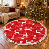 Red White Deer Fox Bunny Round Christmas Retro Rug with Tassels