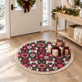 Black & Red Folk Art Round Christmas Rug with Tassels – Nordic Retro
