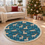Teal Beige Reindeer Round Christmas Rug with Tassels – Scandi Retro