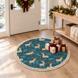 Teal Beige Reindeer Round Christmas Rug with Tassels – Scandi Retro
