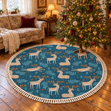 Teal Beige Reindeer Round Christmas Rug with Tassels – Scandi Retro