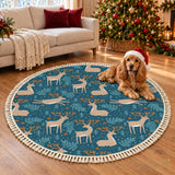 Teal Beige Reindeer Round Christmas Rug with Tassels – Scandi Retro