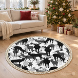 Black White Gray Deer Round Winter Retro Rug with Tassels