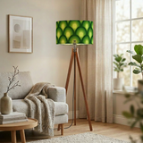 Green 70s Retro Tripod Floor Lamp – Midcentury Peacock Eye Linen Shade