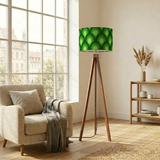 Green 70s Retro Tripod Floor Lamp – Midcentury Peacock Eye Linen Shade
