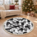 Black White Gray Deer Round Winter Retro Rug with Tassels