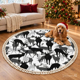 Black White Gray Deer Round Winter Retro Rug with Tassels
