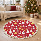 Red White Gold Tree Round Christmas Rug with Tassels – Retro