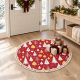 Red White Gold Tree Round Christmas Rug with Tassels – Retro