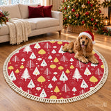 Red White Gold Tree Round Christmas Rug with Tassels – Retro