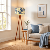 Retro Scandinavian LED Tripod Floor Lamp – Blue & White Toile de Jouy
