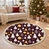 Round Retro Christmas Rug with Tassels – Burgundy Gold White Trees