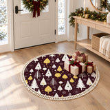 Round Retro Christmas Rug with Tassels – Burgundy Gold White Trees