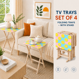 Retro 50s Pastel Lemon Wooden TV Tray Tables - Set of 4 with Stand