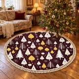 Round Retro Christmas Rug with Tassels – Burgundy Gold White Trees