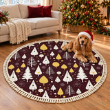 Round Retro Christmas Rug with Tassels – Burgundy Gold White Trees