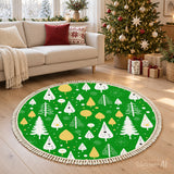 Green & Gold Christmas Tree Round Rug with Tassels – Vintage Style Retro