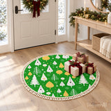 Green & Gold Christmas Tree Round Rug with Tassels – Vintage Style Retro