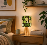 70s Retro Table Lamp: Brown Green Polka Dot Linen Shade, Wood Tripod Base