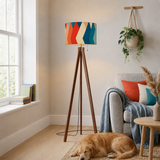 Retro 70s Midcentury Style Floor Lamp: Wooden Tripod, Linen Shade, Remote