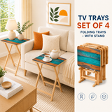 Teal Wood Grain Retro Midcentury TV Trays – Set of 4 with Storage Rack