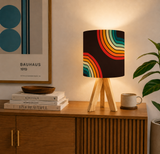 Midcentury Rainbow Retro Table Lamp – Wood Tripod Base, Linen Shade