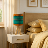 Midcentury Modern Wooden Tripod Table Lamp – Blue Brown Linen Shade