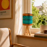 Midcentury Modern Wooden Tripod Table Lamp – Blue Brown Linen Shade