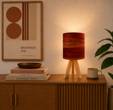 Midcentury Modern Tripod Table Lamp – Faux Wood Linen Shade, Remote