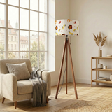 1960s Atomic Tripod Floor Lamp, Mid Century Cocktail Pattern Linen Shade