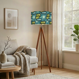 60s Midcentury Retro Floor Lamp – Atomic Design Linen Shade, Wooden Tripod Base