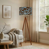 Retro 60s Scandi Tripod Floor Lamp: Brown Blue Pattern Shade, Smart LED Remote