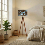 Retro 60s Scandi Tripod Floor Lamp: Brown Blue Pattern Shade, Smart LED Remote